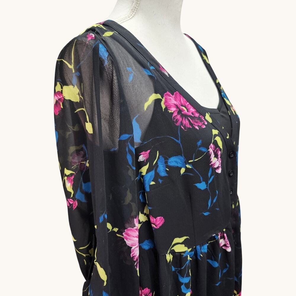 Torrid Midi Dress Women 10 Floral Black Lined Chiffon 3/4 Sleeve Church Office - Picture 5 of 16